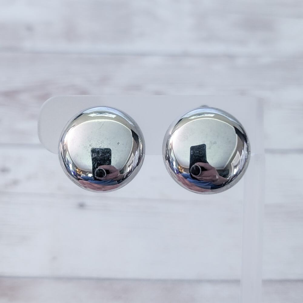 Vintage Clip On Earrings Domed Circle 7/8" Mirrored Silver Tone - Marks & Dents